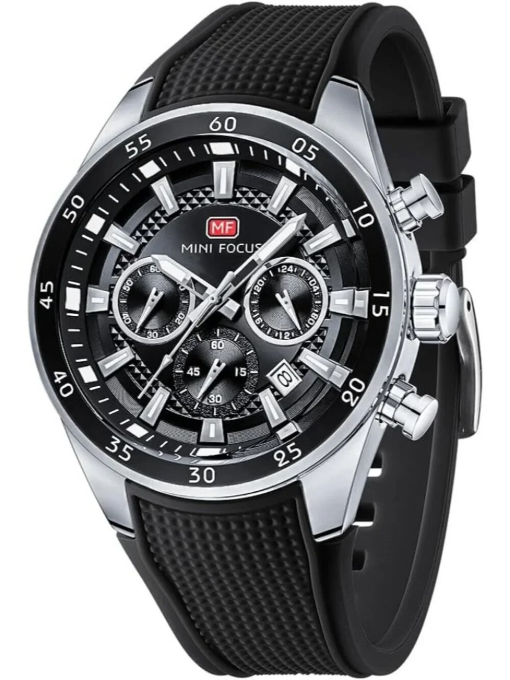 Men Black Silver Silicon Band Chronograph Waterproof Luminous Unique Wrist Watch